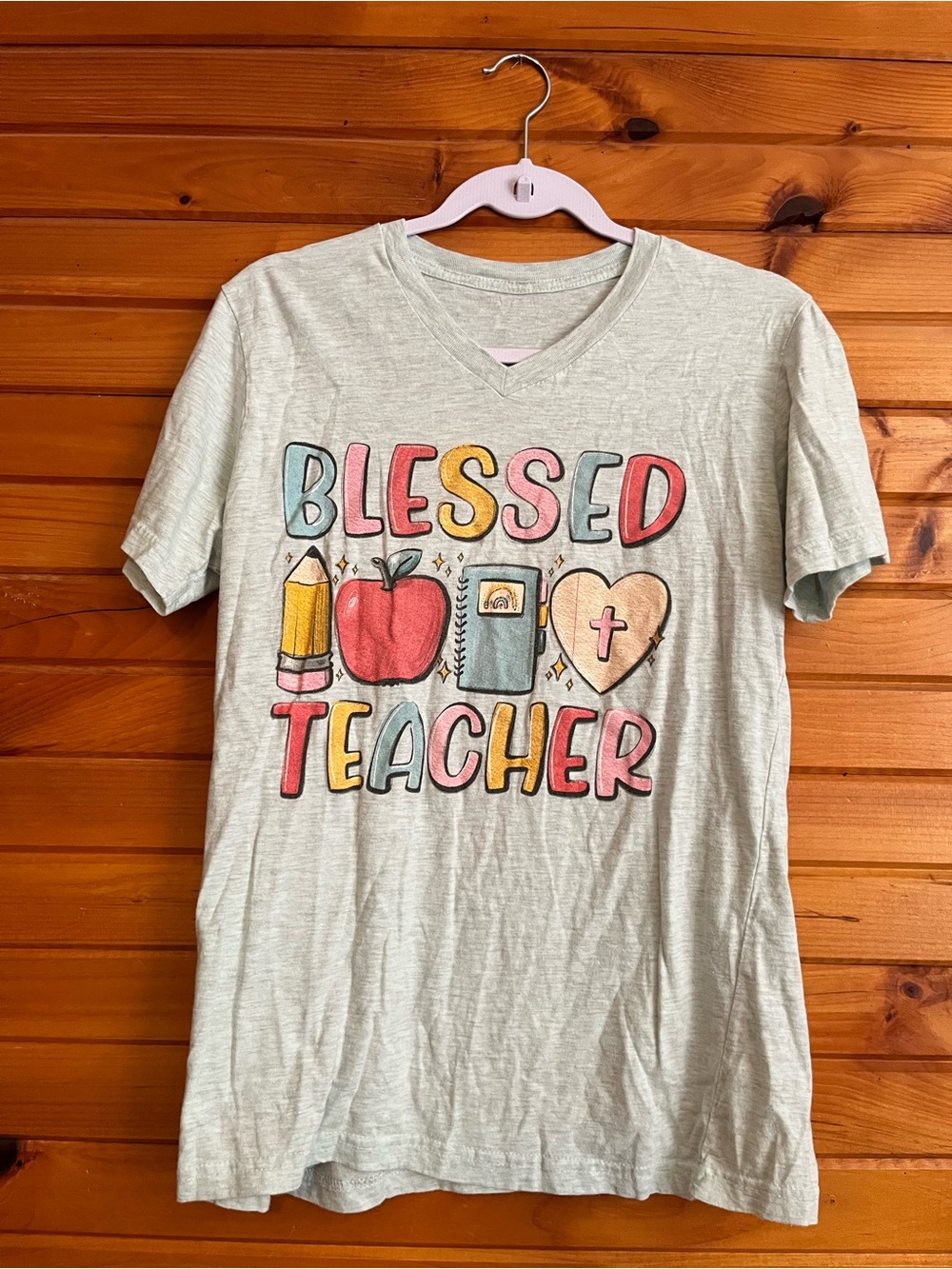 Blessed Teacher Graphic V-Neck Tee in Light Mint